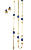 A LAPIS LAZULI NECKLACE, LONGCHAIN AND EARRING SET