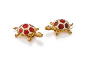 TABBAH, A PAIR OF ENAMEL AND DIAMOND TURTLE BROOCHES