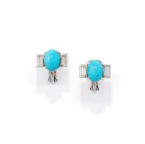 A PAIR OF TURQUOISE AND DIAMOND EARRINGS