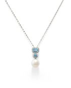 A CULTURED PEARL, AQUAMARINE AND DIAMOND PENDANT