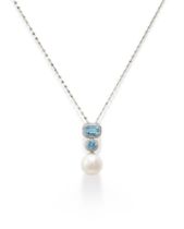 A CULTURED PEARL, AQUAMARINE AND DIAMOND PENDANT