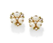 A PAIR OF CULTURED PEARL AND GEM SET EARRINGS