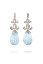 A PAIR OF AQUAMARINE AND DIAMOND PENDENT EARRINGS