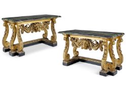 ‡ A PAIR OF GILTWOOD AND EBONISED SIDE TABLES, LATE 19TH/EARLY 20TH CENTURY