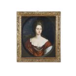 ENGLISH SCHOOL (18TH CENTURY), PORTRAIT OF A LADY, HALF LENGTH IN A RED DRESS