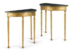 ‡ A PAIR OF GEORGE III GILTWOOD DEMI-LUNE SIDE TABLES, IN THE MANNER OF JAMES WYATT
