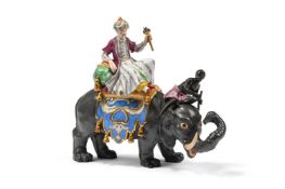 A DRESDEN PORCELAIN MODEL OF A CAPARISONNED ELEPHANT, AFTER THE MEISSEN ORIGINAL BY J.J. KAENDLER
