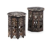 Y A MATCHED PAIR OF INDIAN HARDWOOD, BONE AND MOTHER OF PEARL INLAID OCTAGONAL OCCASIONAL TABLES