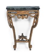 AN ITALIAN CARVED GILTWOOD AND PAINTED SERPENTINE CONSOLE TABLE, LATE 18TH OR EARLY 19TH CENTURY