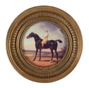 A GILT FRAMED EQUESTRIAN DECORATED PORCELAIN PLAQUE, MODERN