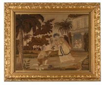 A LATE GEORGE III NEEDLEWORK ON SILK PICTURE 'THE RETURN OF THE PRODIGAL SON', EARLY 19TH CENTURY