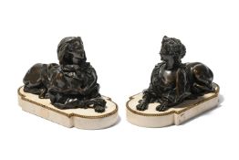 A PAIR OF BRONZE SPHINXES ON MARBLE BASES, FRENCH, LATE 19TH CENTURY