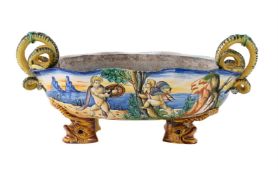 A ULYSSE CANTAGALLI MAIOLICA SHAPED-OVAL TWO-HANDLED ISTORIATO DISH IN URBINO STYLE
