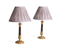 A PAIR OF BRONZE AND GILT CANDLESTICK LAMPS, MID 19TH CENTURY