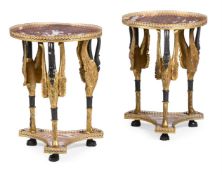 A PAIR OF GILT AND PATINATED METAL MARBLE TOPPED GUERIDON TABLES, IN EMPIRE STYLE, 20TH CENTURY