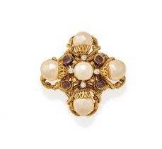 CHANEL, A SIMULATED PEARL AND PURPLE PASTE BROOCH