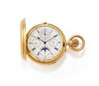 SWISS, AN 18 CARAT GOLD KEYLESS WIND QUARTER REPEATING CALENDAR FULL HUNTER POCKET WATCH