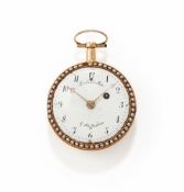 FRES. ESQUIVILLON & DELHOUDENS, A GOLD, ENAMEL AND PEARL OPEN FACE REPEATER POCKET WATCH