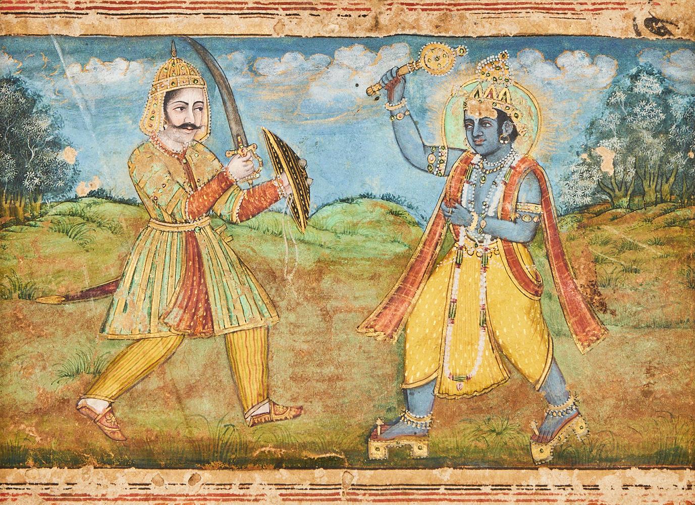 An Indian miniature depicting Krishna in battle