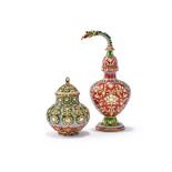 Two Indian gem-set and enamelled and applied gold coloured scent bottles