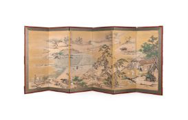 A Japanese six-fold Kano School Byoku painted in sumi