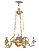 A GILT BRASS FIVE LIGHT CHANDELIER, 20TH CENTURY