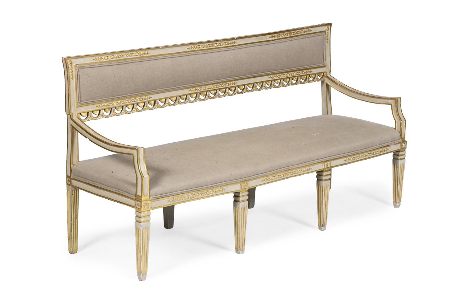 A GREY PAINTED AND PARCEL GILT SETTEE, IN EARLY 19TH CENTURY STYLE, 20TH CENTURY - Image 2 of 3