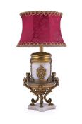 A FRENCH GILT METAL MOUNTED ALABASTER URN LAMP BASE, LATE 19TH CENTURY