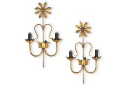 A PAIR OF GILT METAL TWIN BRANCH WALL LIGHTS, PROBABLY FRENCH, CIRCA 1960S