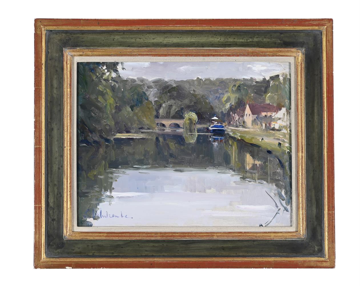 λ SUSIE WHITCOMBE (BRITISH B. 1957), BARGING, LES SAUSSOIS BY THE YONNE (PATRICIA IN THE RAIN)