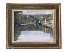 λ SUSIE WHITCOMBE (BRITISH B. 1957), BARGING, LES SAUSSOIS BY THE YONNE (PATRICIA IN THE RAIN)