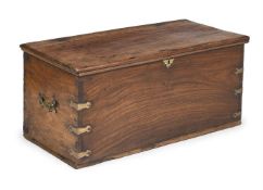 Y A CHINESE EXPORT SOLID PADOUK AND BRASS BOUND CHEST OR BLANKET BOX LATE 18TH OR EARLY 19TH CENTURY