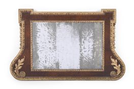 A GEORGE II WALNUT AND PARCEL GILT OVERMANTEL WALL MIRROR, IN THE MANNER OF WILLIAM KENT, CIRCA 1750