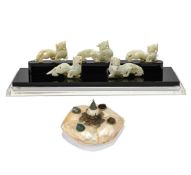 Y A DISPLAY OF FIVE MINIATURE CHINESE JADE MYTHICAL BEASTS, TOGETHER WITH A MOTHER OF PEARL DISH