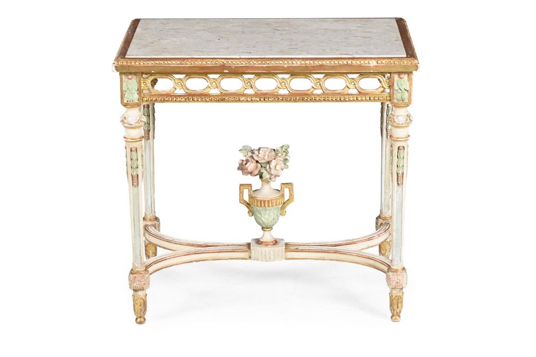 A MARBLE TOPPED GILT AND PAINTED HALL TABLE, IN ITALIAN STYLE, EARLY 20TH CENTURY - Image 2 of 3