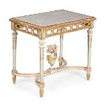 A MARBLE TOPPED GILT AND PAINTED HALL TABLE, IN ITALIAN STYLE, EARLY 20TH CENTURY