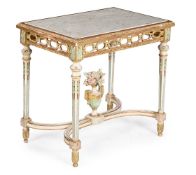 A MARBLE TOPPED GILT AND PAINTED HALL TABLE, IN ITALIAN STYLE, EARLY 20TH CENTURY