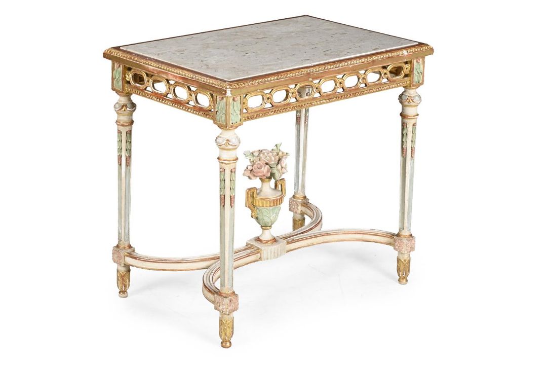 A MARBLE TOPPED GILT AND PAINTED HALL TABLE, IN ITALIAN STYLE, EARLY 20TH CENTURY - Image 1 of 3