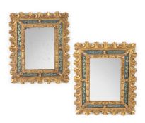 A PAIR OF GILTWOOD AND REVERSE PAINTED GLASS MIRRORS, LATE 19TH OR EARLY 20TH CENTURY