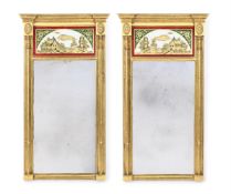 A PAIR OF GILTWOOD AND VERRE ÉGLOMISÉ WALL MIRRORS, IN REGENCY STYLE, 20TH CENTURY