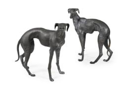 A PAIR OF BRONZE GREYHOUNDS, CONTEMPORARY