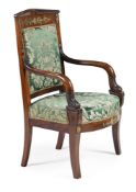 A MAHOGANY AND GILT METAL MOUNTED OPEN ARMCHAIR IN FRENCH EMPIRE STYLE, THIRD QUARTER 19TH CENTURY