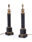 A PAIR OF NAPOLEON III GILT AND TOLE PEINTE COLUMNAR LAMP BASES, LAMPE SILVANT, LATE 19TH CENTURY