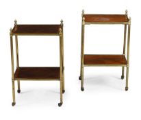 Y A MATCHED PAIR OF BRASS MOUNTED WHATNOTS OR ETAGERES, IN THE MANNER OF MALLETT, 20TH CENTURY