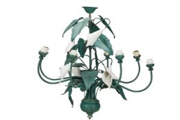 A GREEN PAINTED TOLE EIGHT BRANCH 'LILY' CHANDLIER, CIRCA 1950