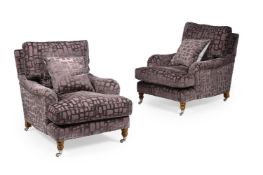 A PAIR OF PURPLE AND CUT VELVET UPHOLSTERED ARMCHAIRS, BY HEPPLE, OF RECENT MANUFACTURE