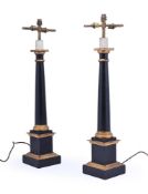 A TALL PAIR OF BLACK AND PARCEL GILT DECORATED WOODED LAMP BASES, MODERN
