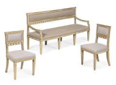 A GREY PAINTED AND PARCEL GILT SETTEE, IN EARLY 19TH CENTURY STYLE, 20TH CENTURY