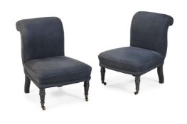 A PAIR OF NAVY UPHOLSTERED SLIPPER CHAIRS, OF RECENT MANUFACTURE
