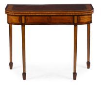 Y A GEORGE III MAHOGANY, SATINWOOD CROSSBANDED, EBONY STRUNG TEA TABLE, CIRCA 1800